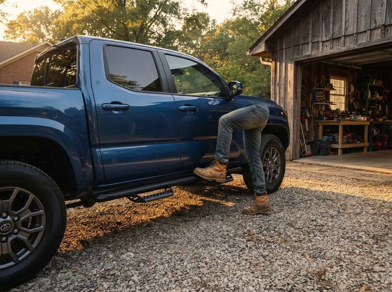 Mounting bracket meeting factory threaded holes under a Toyota Tacoma rocker panel