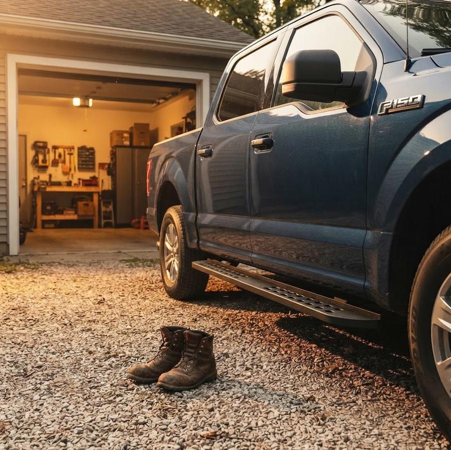 Textured black powder-coated running board on a Ford F150 covered in winter road spray